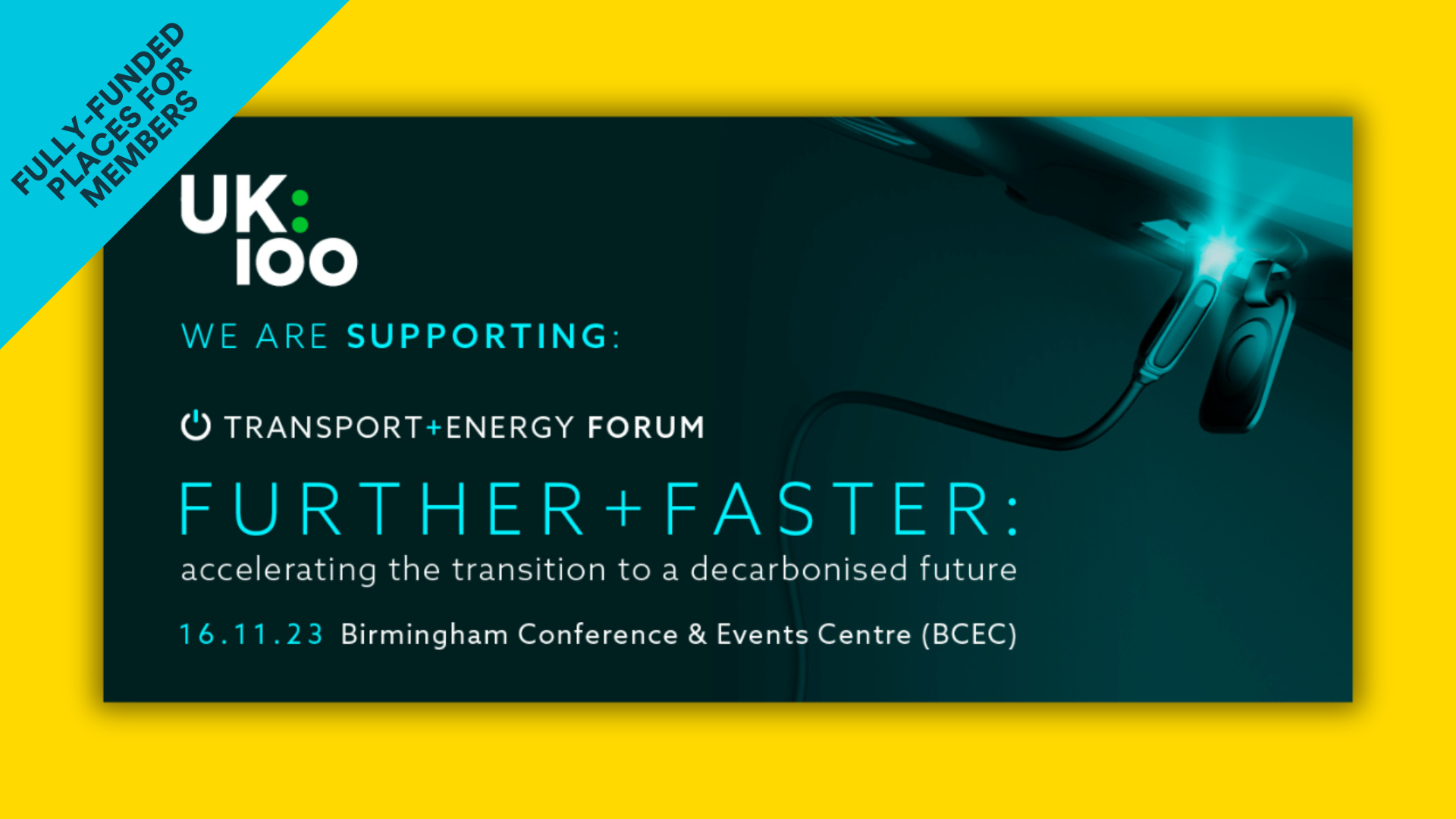 The social media event poster for Transport + Energy's Further + Faster forum in Birmingham