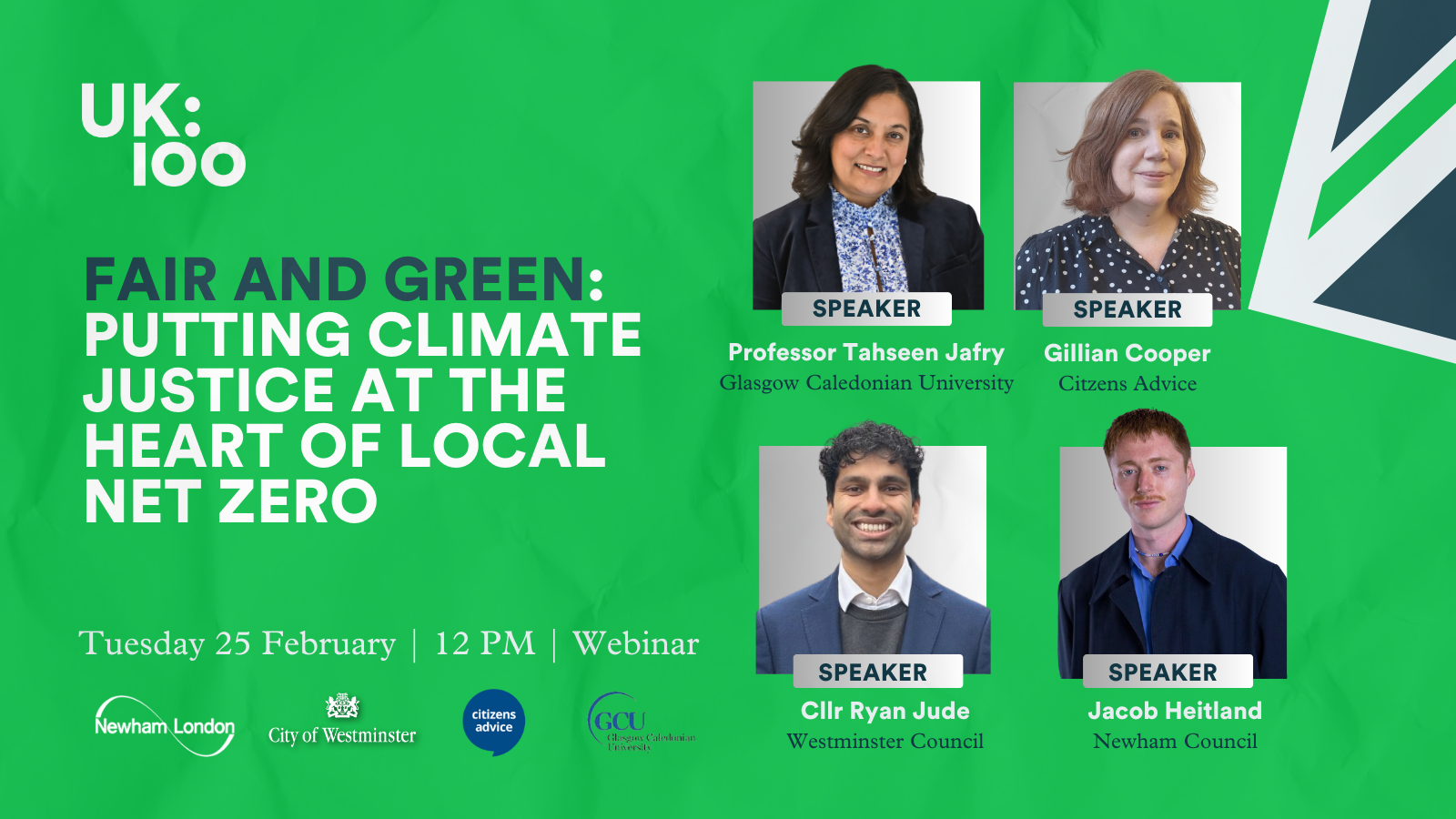 Image reading Fair and green: Putting climate justice at the heart of local net zero, with images of the four speakers.