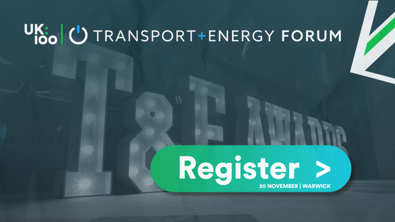 UK100 and Transport + Energy Forum logos with 'Register' call-to-action button for 20 November 2025 event at Warwick Conferences