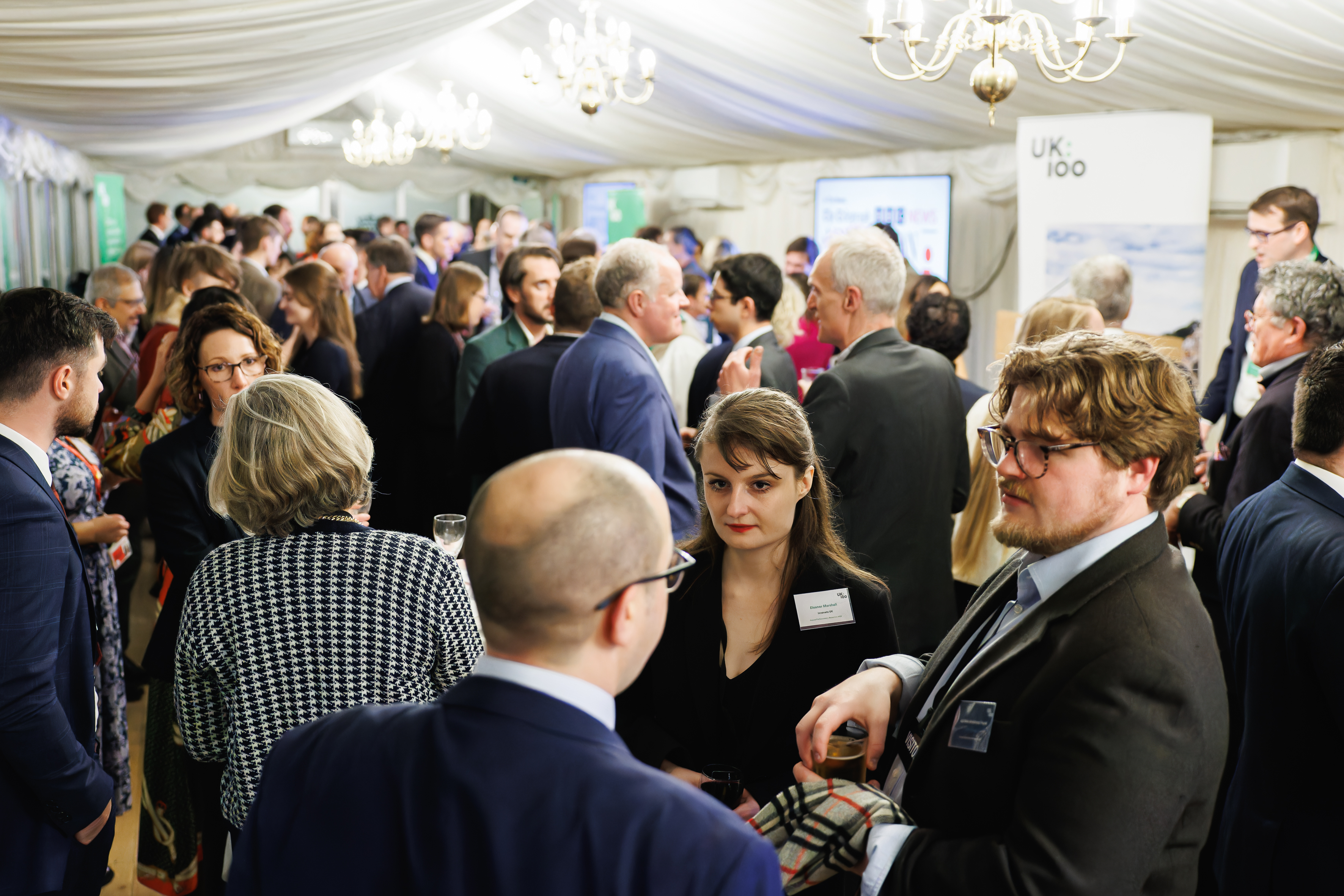 Conversations in full flow at the previous UK100 Parliamentary Reception in Terrace Pavilion in December 2023