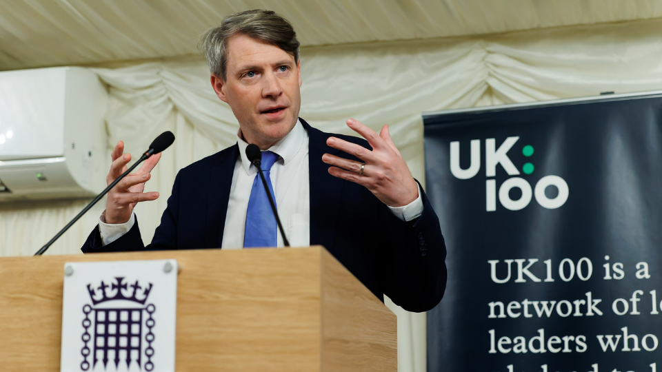 Chris Skidmore MP speaking at the UK100 parliamentary reception in March, 2023 | Credit: ©UK100 / Alistair Veryard