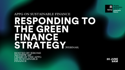 The social media event poster for Rescheduled: APPG on Sustainable Finance: Green Finance Strategy Response
