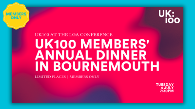 The social media event poster for UK100's annual dinner at the LGA Conference