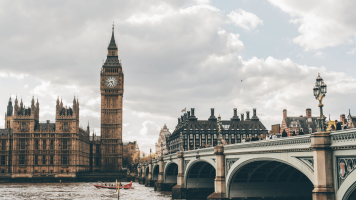 View towards Big Ben from across the Thames next to Westminster Bridge