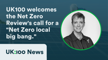 Title card with the text "UK100 responds to the Net Zero Review" and a portrait image of Polly Billington
