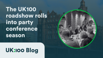 A graphic with an image of UK100 at Labour Party conference and the title: The UK100 roadshow rolls into party conference season 