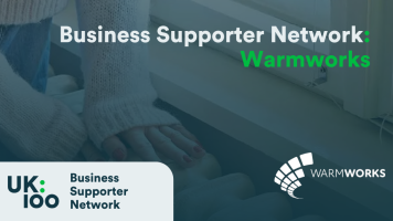 Business Supporter Network and Warmworks partnership announcement featuring UK100 logo with professional business meeting background in teal overlay