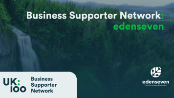 UK100 Business Supporter Network banner featuring EdenSeven logo against a background featuring a Pexels licensed image of a waterfall