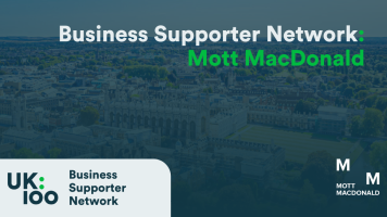 "Business Supporter Network header featuring Mott MacDonald branding in green text overlay on aerial photograph of urban landscape, with UK100 logo displaying 'Business Supporter Network' and Mott MacDonald 'M' logo in bottom corners"
