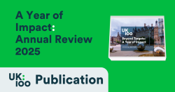 UK100 Publication: A Year of Impact — Annual Review 2025. The cover features Sheffield Town Hall and Peace Gardens.