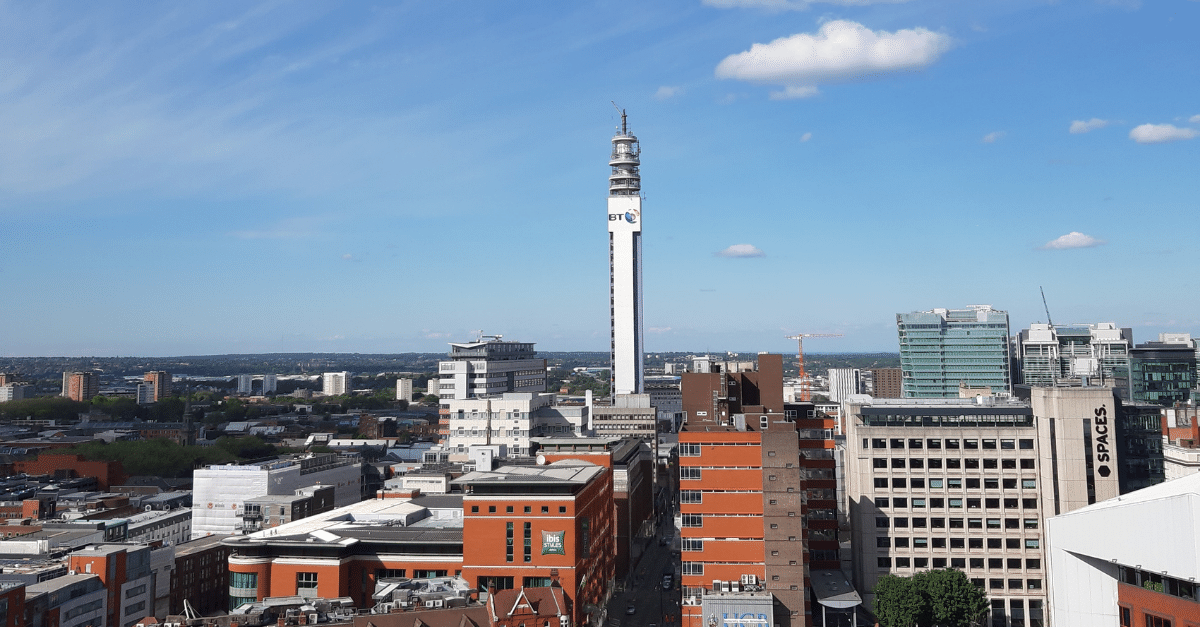 Aerial view of Birmingham on a clear day looking towards the BT Tower