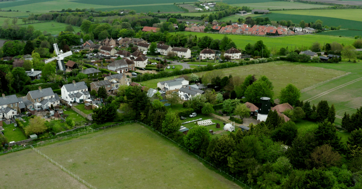 Aerial view of the village of Swaffham Prior in Cambridgeshire surrounded by green fields