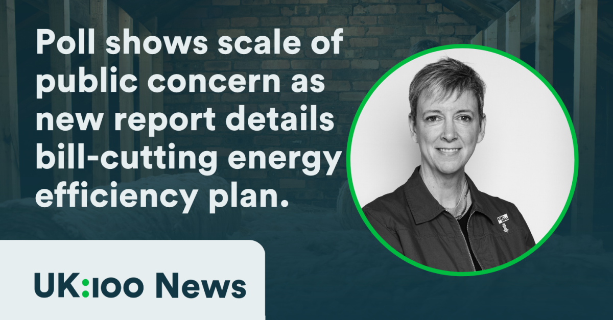 Graphic with a portrait of Polly Billington, UK100 Chief Executive, reads: "Poll shows scale of public concern as new report details bill-cutting energy efficiency plan"