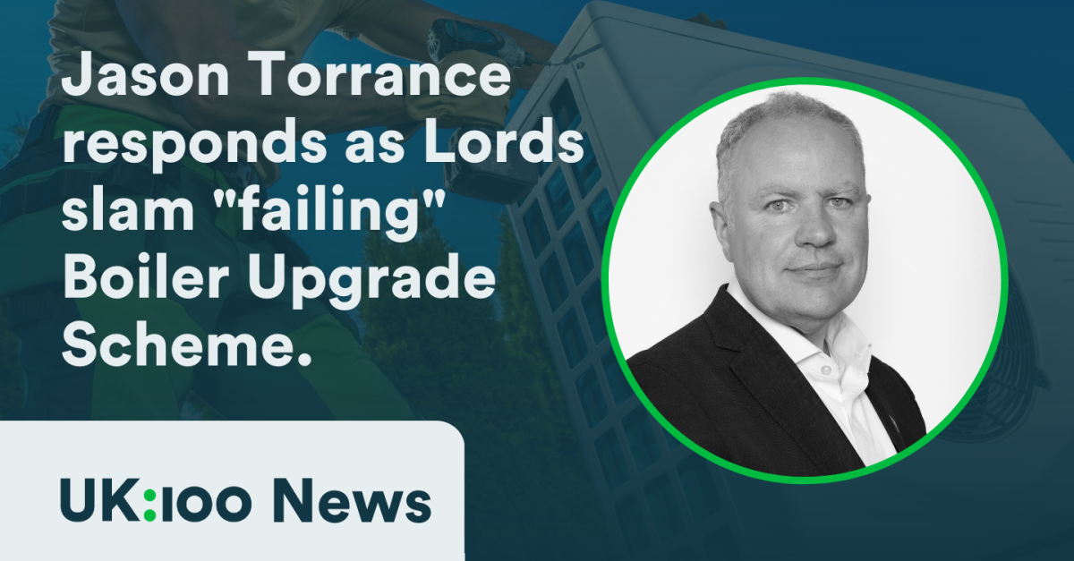 Graphic with the headline "Jason Torrance responds as Lords slam "failing" Boiler Upgrade Scheme"