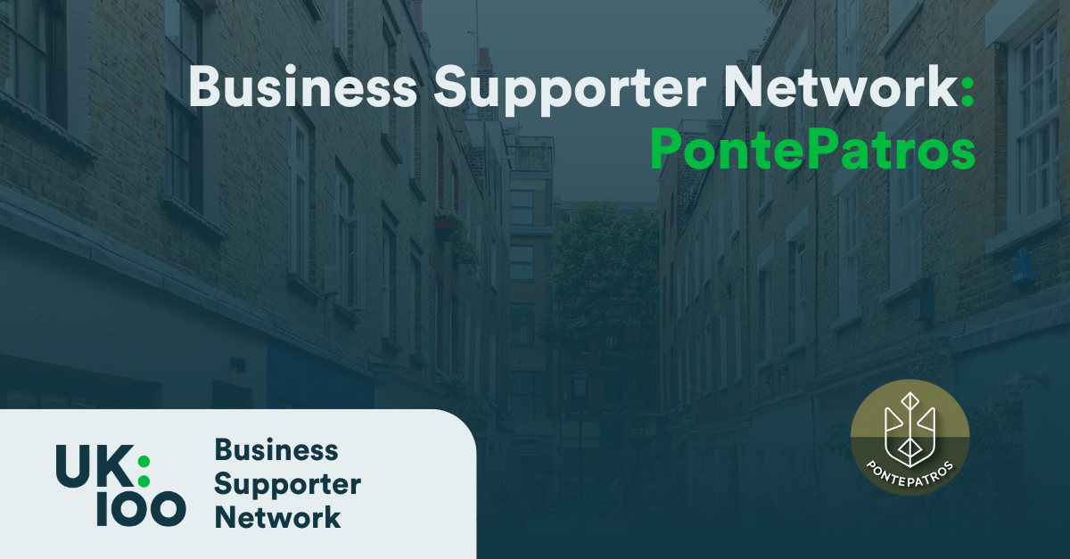 UK100 Business Supporter Network banner featuring the PontePatros logo against a background featuring an image of a narrow street