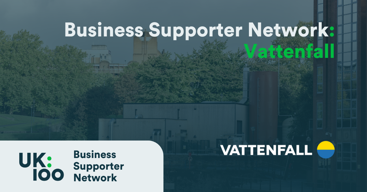UK100 Business Supporter Network banner featuring Vattenfall logo against a background featuring Vattenfall's Castle Park Energy Centre in Bristol