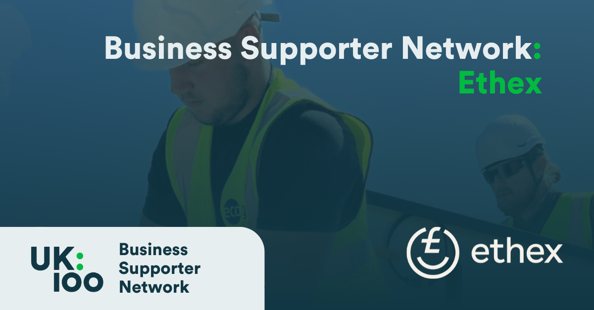 "Business Supporter Network Ethex - UK100 partnership announcement featuring professional handshake with Ethex and UK100 logos promoting business networking and support initiatives