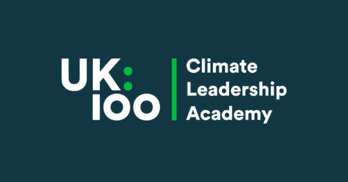 The UK100 Climate Leadership Academy logo against UK100 blue